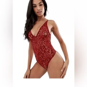 Free people Live It Up Lace Bodysuit in Rust Red, XS